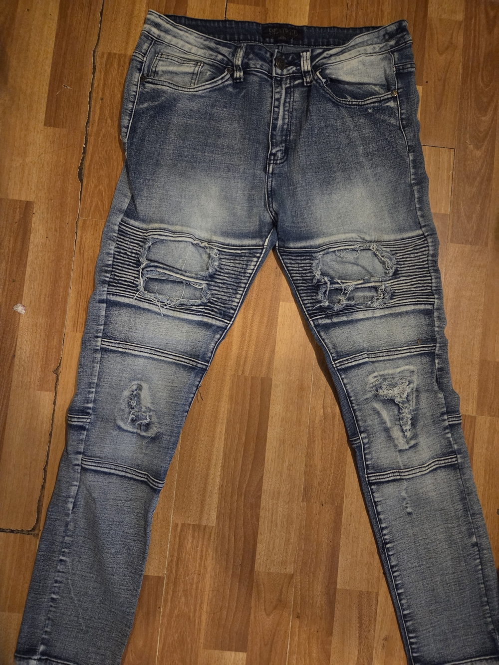 Men's Skinny Distressed Blue Ribbed Knee Jeans